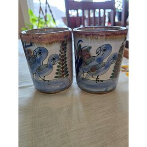 2 Pottery Mug Tonala Coffee Cup Hand Painted BIRDS Flowers